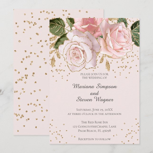Moderne Pink Watercolor Floral Gold Glitzer Hochze Einladung (Vorne/Hinten)