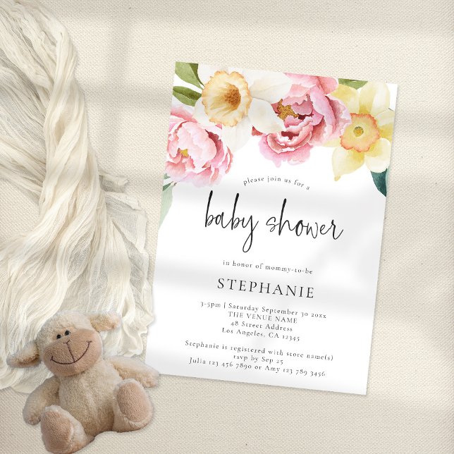 Moderne Pink Yellow Peonies Floral Baby Dusche Einladung (Von Creator hochgeladen)