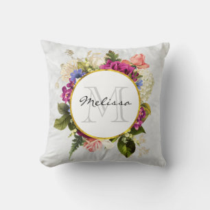 Moderne pinke Florale Wasserfarben-Monogramm-Blume Kissen