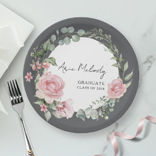 Moderne Pinke Rosen Schrift Absolventenklasse Pappteller