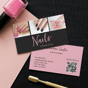 Moderne Pinke Schwarze Schrift 3 Foto Nagel QR Cod Visitenkarte