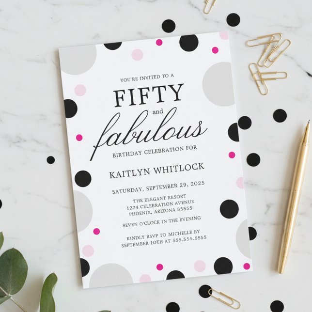 Moderne Pinke Schwarze Schrift 50. Geburtstagsfeie Einladung (modern bold pink and black girly fifty and fabulous 50th birthday party invitations)