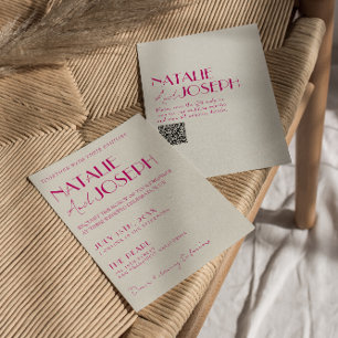Moderne pinkfarbene französische Retro-QR-Hochzeit Einladung
