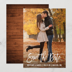 Moderne Pinsel Script Foto Holz Save the Date Kart Einladung