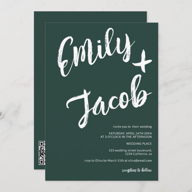 Moderne Pinselbezeichnungen Grün QR Code Hochzeit Einladung (Vorne/Hinten)