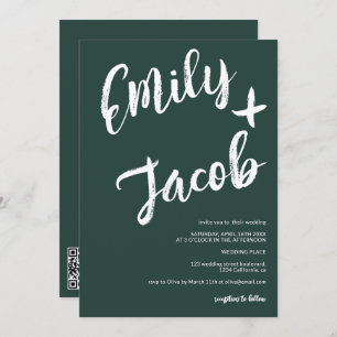 Moderne Pinselbezeichnungen Grün QR Code Hochzeit Einladung
