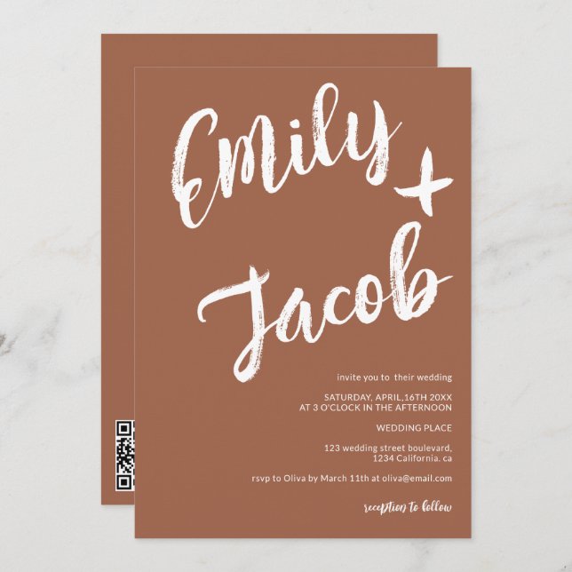 Moderne Pinselbezeichnungen Terracotta qr Code Hoc Einladung (Vorne/Hinten)
