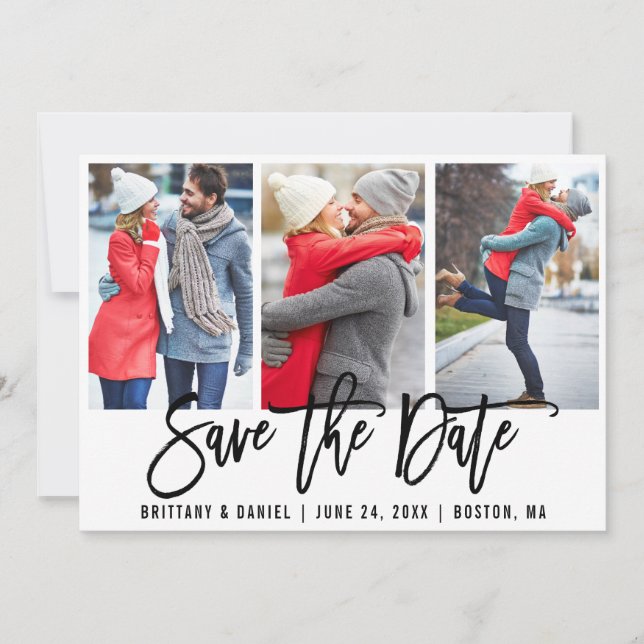 Moderne Pinselschrift 3 Foto Save the Date Whcard Einladung (Vorderseite)
