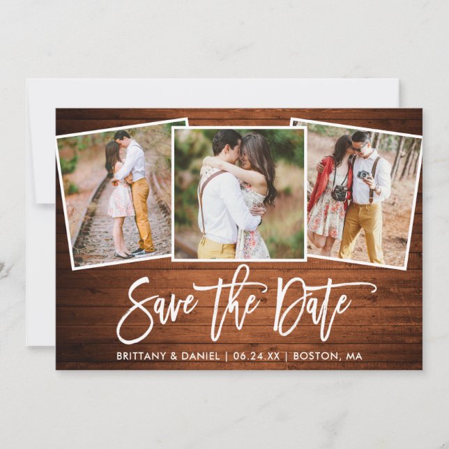 Moderne Pinselschrift Rustikales Holz 3 Foto Colla Save The Date (Vorderseite)