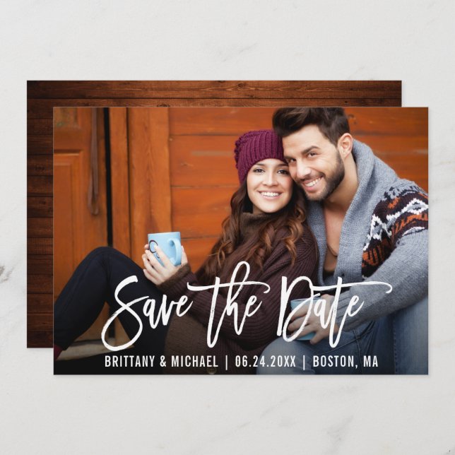 Moderne Pinselschrift Save the Date Foto Holzkarte Einladung (Vorne/Hinten)