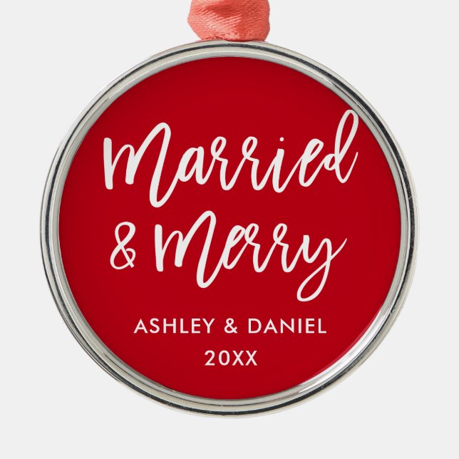 Moderne Pinselschrift Verheiratet & Merry Wedding  Ornament Aus Metall (Vorne)