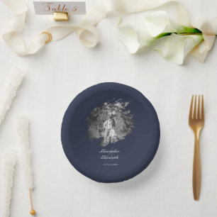 Moderne Pinselstrich-Foto-Hochzeit Marineblau Pappteller