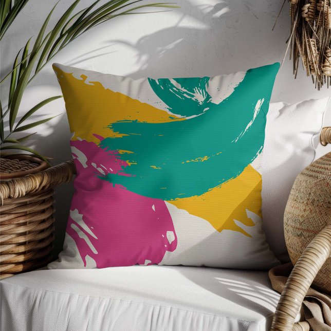 Moderne Pinselstriche - rosa, Aquamarin und gelb a Kissen (Von Creator hochgeladen)