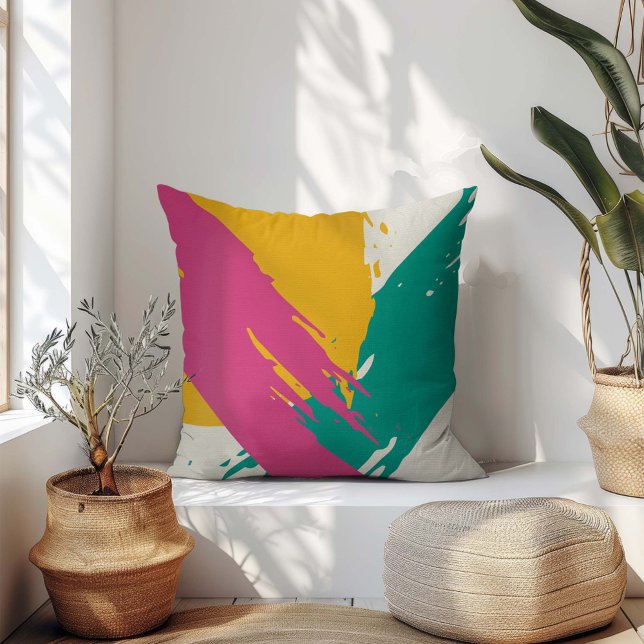Moderne Pinselstriche - rosa, Aquamarin und gelb a Kissen (Von Creator hochgeladen)