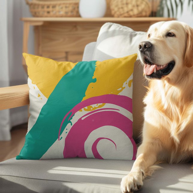 Moderne Pinselstriche - rosa, Aquamarin und gelb a Kissen (Von Creator hochgeladen)