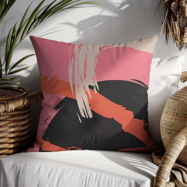 Moderne Pinselstriche - Rosa, Pfirsich und Schwarz Kissen (Von Creator hochgeladen)