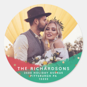 Moderne Pinselstriche   Weihnachtsadresse und Foto Runder Aufkleber