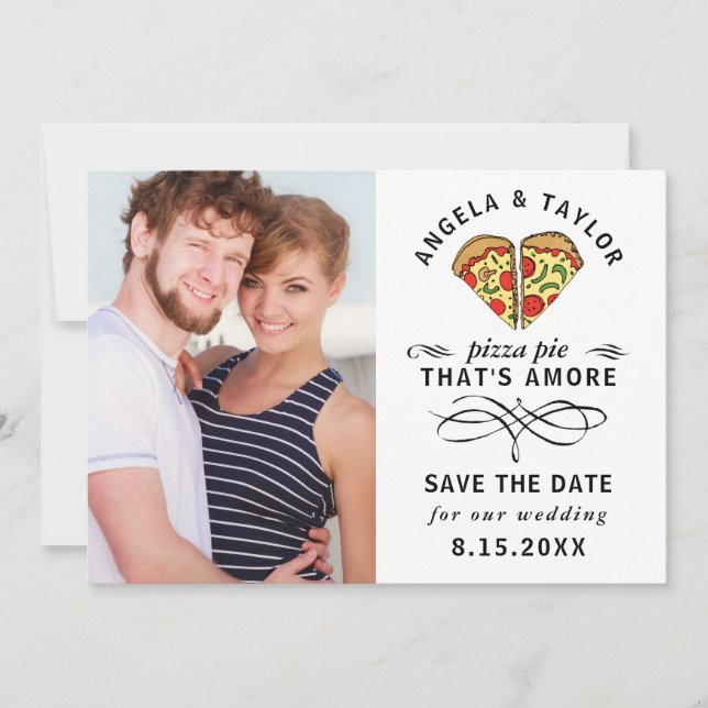 Moderne Pizza Amore Black Typografy Foto Hochzeit Save The Date (Vorderseite)