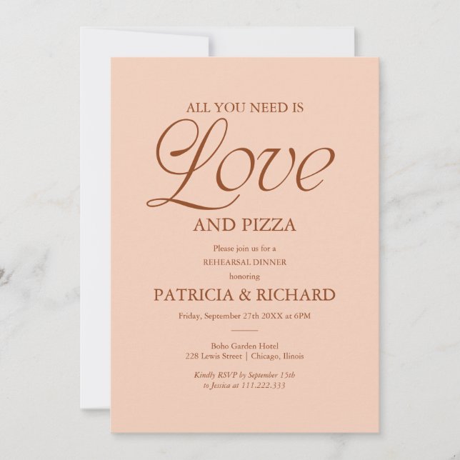 Moderne Pizza-Hochzeitsprobe Soft Peach Einladung (Vorderseite)
