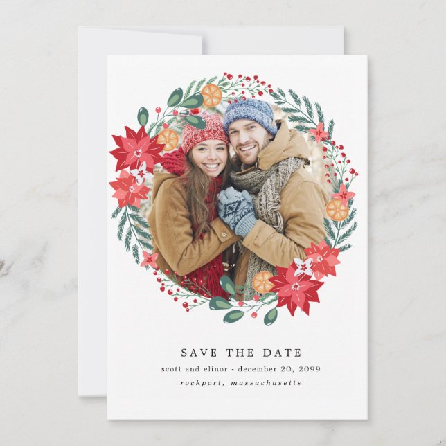 Moderne Poinsettia-Trauung rettet das Datum Save The Date (Vorderseite)