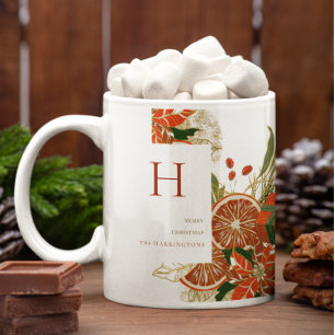 Moderne Poinsettie & Grünzeug Weihnachtsmonogram Kaffeetasse