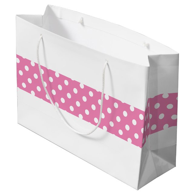Moderne Polka Dots rosa Mitte Streifen auf Weiß Große Geschenktüte (Rückseite Schrägansicht)