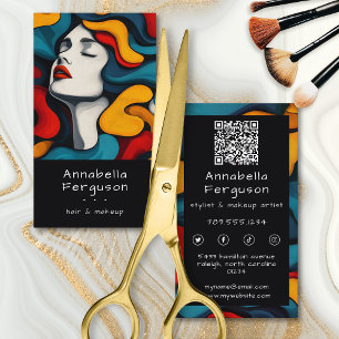 Moderne Pop-Art Retro Farbige Haare Make-up QR-Cod Visitenkarte