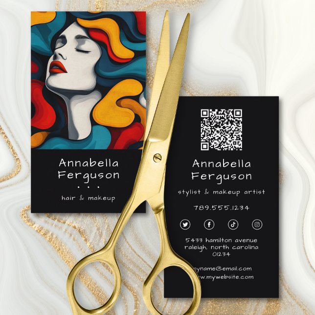 Moderne Pop-Art Retro Farbige Haare Makeup QR-Code Visitenkarte (Modern Pop Art Retro Colorful Hair Makeup QR Code Business Card)