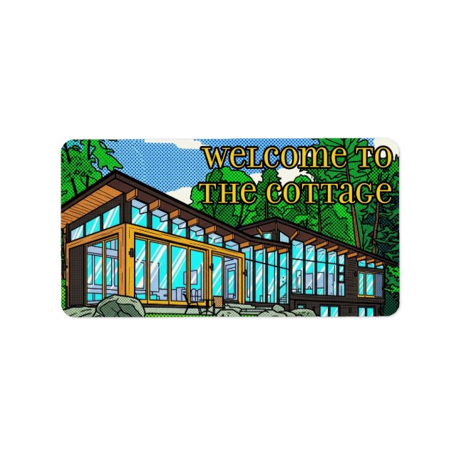 Moderne Pop-Art-Waldhütte Mid-Century Comic Adressaufkleber (Vorne)
