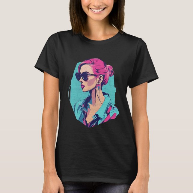 Moderne Pop Art Woman Portrait türkis pink T-Shirt (Vorderseite)