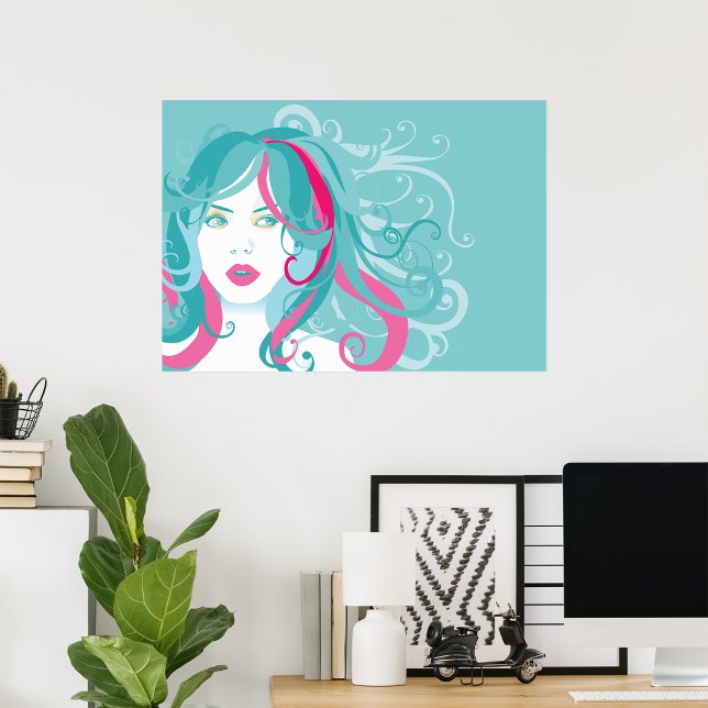 Moderne Pop Kunst Frau Aquamarin und rosa Swirt Ha Poster (Von Creator hochgeladen)