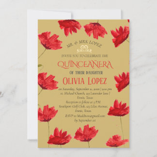 Moderne Poppies Quinceañera Rote Flora Geburtstag Einladung