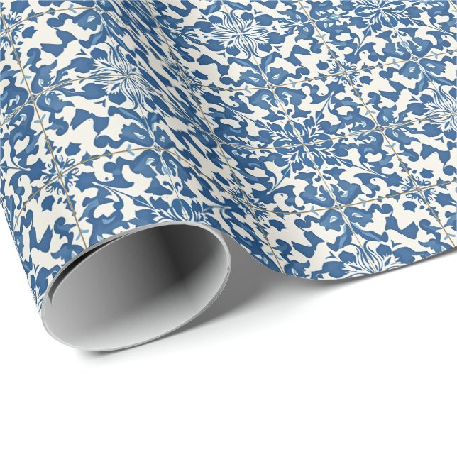 Moderne portugiesische Tiles Azulejos Navy und Whi Geschenkpapier (Rolleneckpunkt)