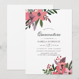 Moderne Pracht Pflaume und Rosa Florale Quinceañer Einladung