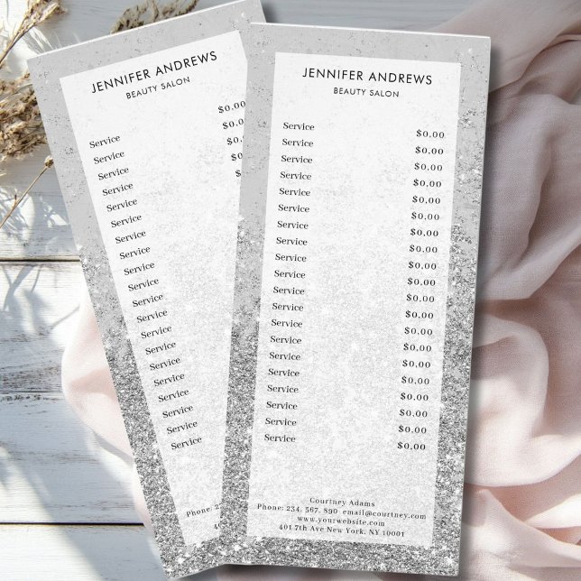 Moderne Preisliste für Silver Glitzer Salon Werbekarte (Modern Silver Glitter Salon Price List Rack Card)