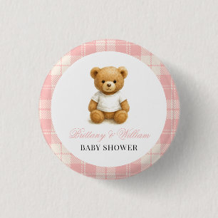 Moderne Preppy Bear Pink Kariert Baby Dusche Button