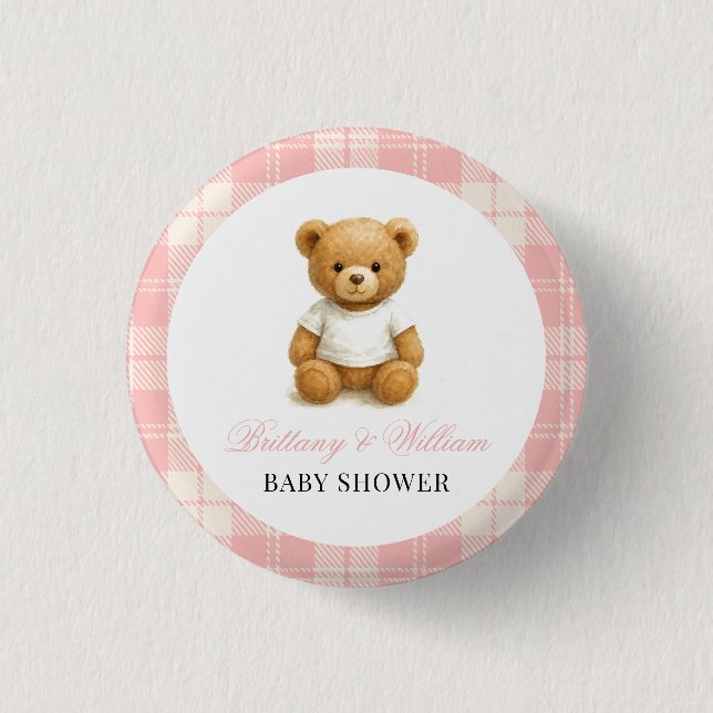 Moderne Preppy Bear Pink Kariert Baby Dusche Button (Vorderseite)