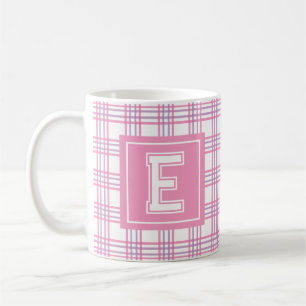 Moderne Preppy-Kariert Rosa Lila Varsity-Monogramm Kaffeetasse