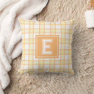 Moderne Preppy-Karo-Varsity-Monogramm Orange Gelb Kissen