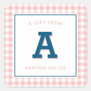 Moderne Preppy Monogram und Gingham Quadratischer Aufkleber