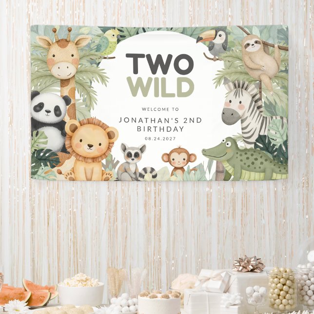 Moderne Preppy Two Wild 2. Geburtstag Dschungeltie Banner (Von Creator hochgeladen)