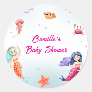 Moderne Princess Mermaid Ocean Coral Baby Dusche Runder Aufkleber