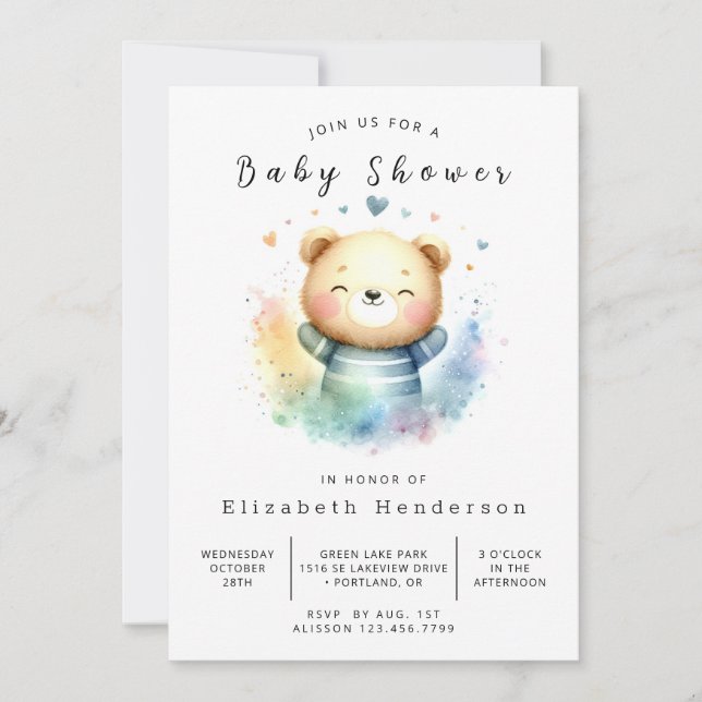 Moderne Printable Bear Baby Dusche Einladung (Vorderseite)