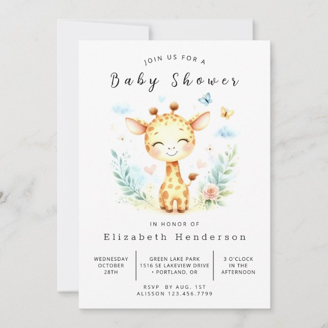 Moderne Printable Giraffe Babydusche Einladung (Vorderseite)