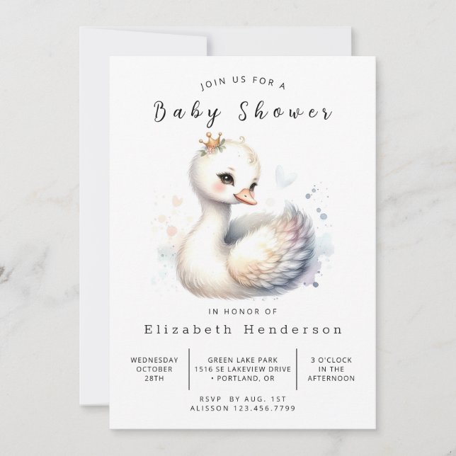 Moderne Printable Swan Baby Dusche Einladung (Vorderseite)