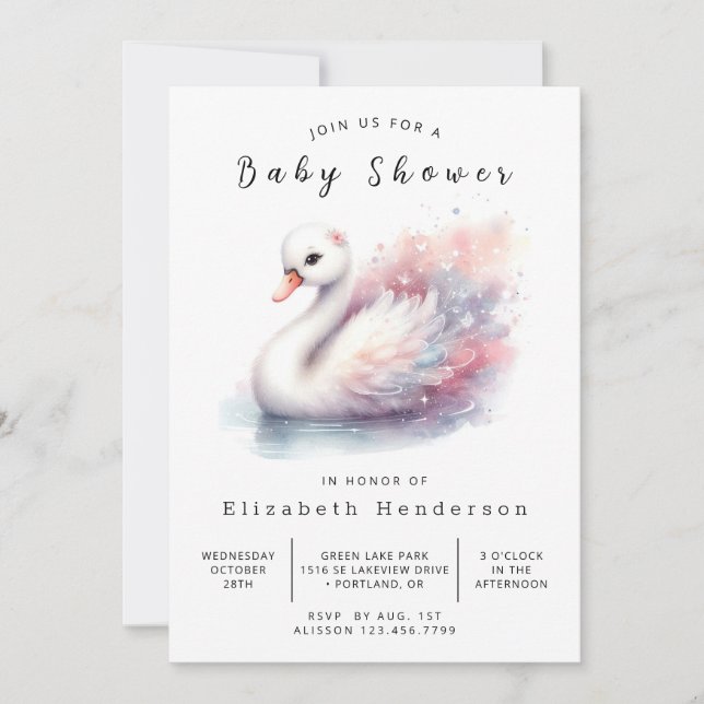 Moderne Printable Swan Baby Dusche Einladung (Vorderseite)