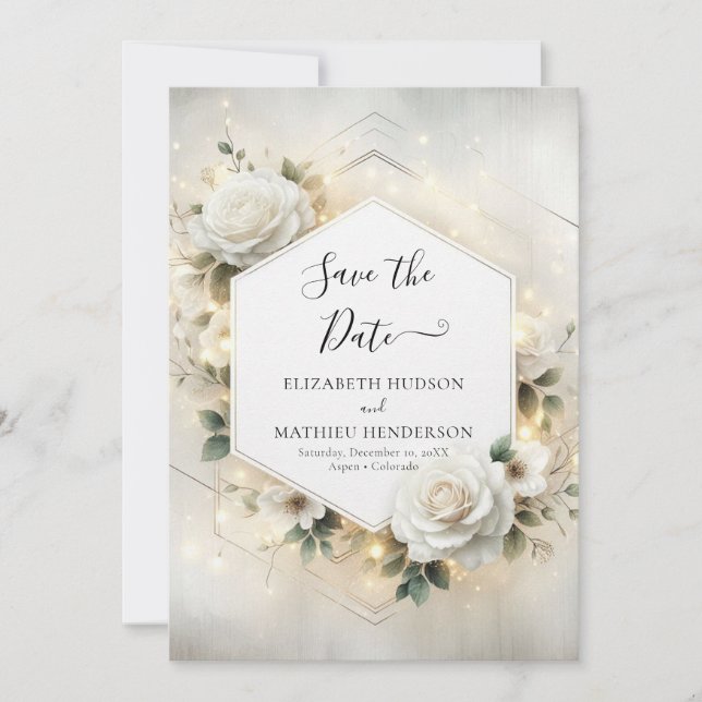 Moderne Printable White Roses Wedding Save The Date (Vorderseite)