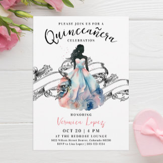 Moderne Prinzessin Pink 15. Quinceañera Wasserfarb Einladung