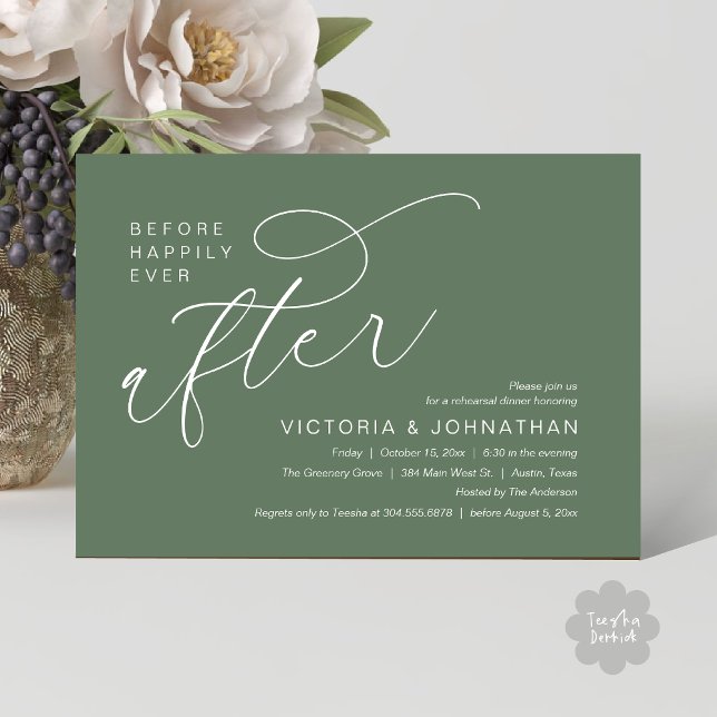 Moderne Probe-Dinnerparty vor dem Happy End Einladung (Modern Before Happily Ever After Romantic Rehearsal Dinner Invites Card PDF Aesthetic Sage Green)