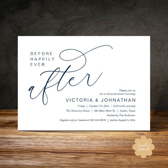 Moderne Probe-Dinnerparty vor dem Happy End Einladung (Modern Before Happily Ever After Romantic Rehearsal Dinner Invites Card PDF Aesthetic navy Blue)